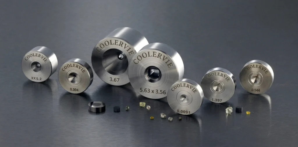 Comparison chart of various wire drawing die material types including PCD, ND, SSCD, TC, and Nano.